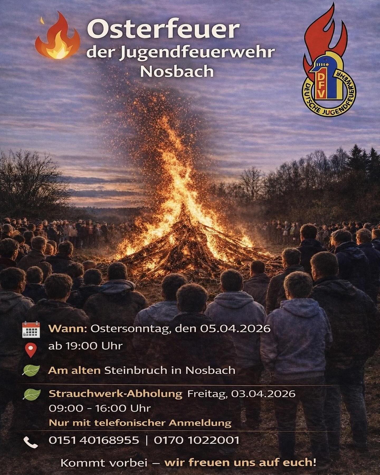 🔥 Osterfeuer der Jugendfeuerwehr 🔥

Die Jugendfeuerwehr unserer Einheit lädt euch herzlich zum diesjährigen Osterfeuer ein! Kommt vorbei und verbringt mit uns einen gemütlichen Abend am Feuer. 🔥🚒

Alle wichtigen Informationen wie Datum, Uhrzeit und Veranstaltungsort findet ihr auf dem Flyer. 📄

Wir freuen uns auf euren Besuch und auf einen schönen Abend mit euch! 😊
Eure Jugendfeuerwehr